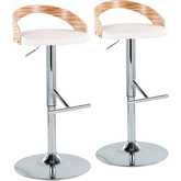 Grotto Adjustable Height Swivel Bar Stool in Chrome, Zebra Wood & White Leatherette (Set of 2)